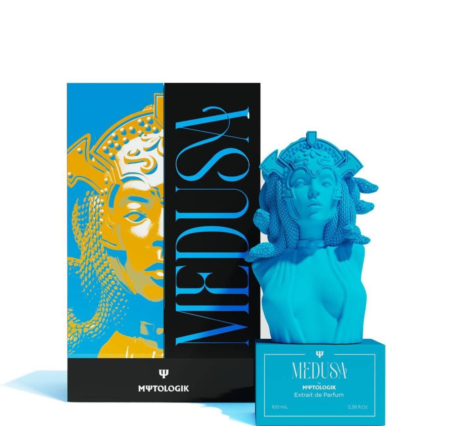 MEDUSA Extrait de Parfum by MΨTOLOGIK – 100 ml with turquoise Gorgon bust and blue packaging