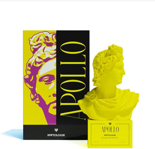 APOLLO Extrait de Parfum by MΨTOLOGIK – 100 ml with neon yellow god bust and yellow packaging