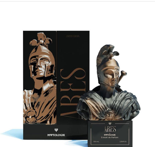 ARES Unisex Extrait de Parfum by MΨTOLOGIK – 100 ml Limited Edition with bronze warrior bust and black packaging