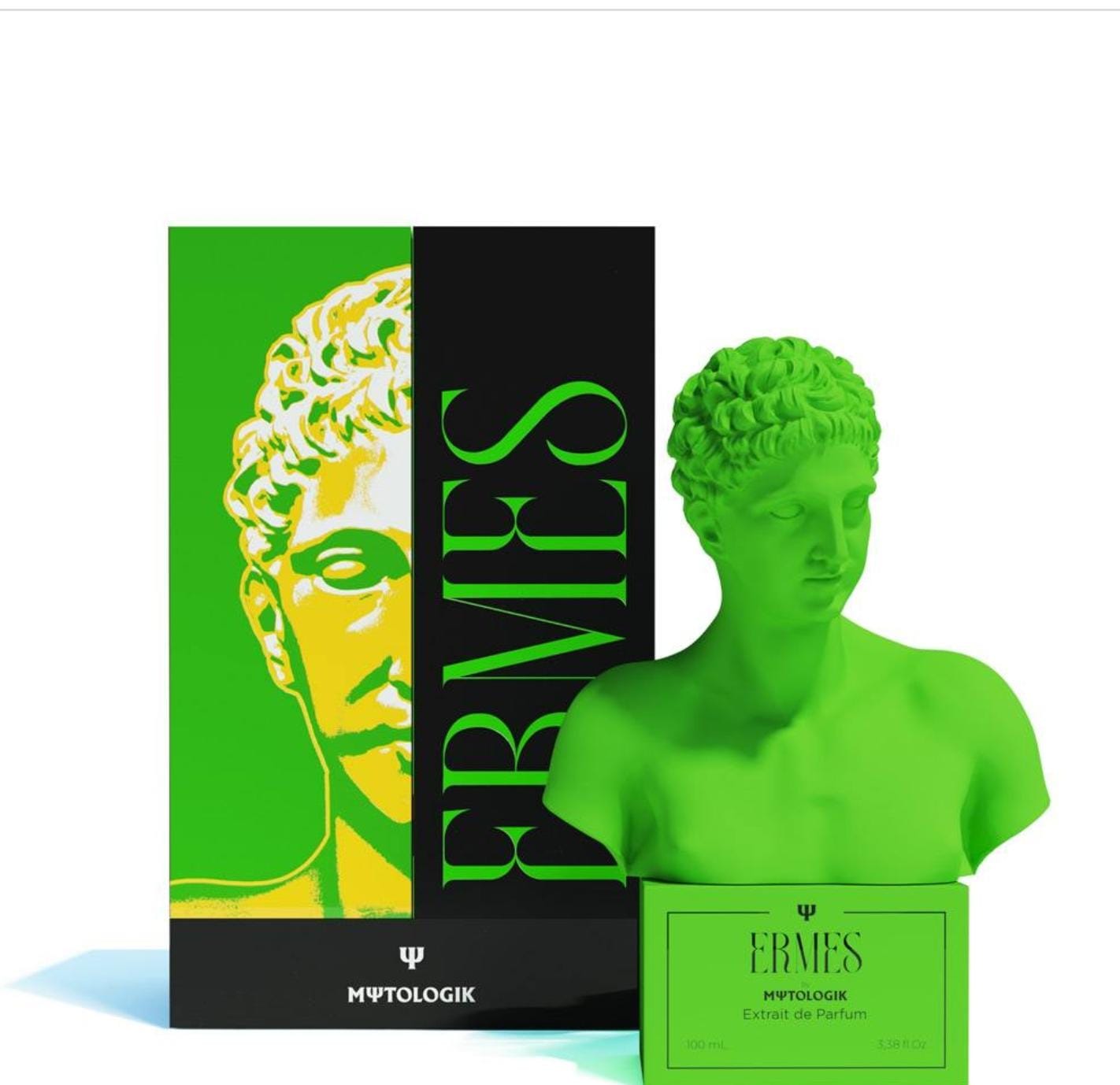 ERMES Extrait de Parfum by MΨTOLOGIK – 100 ml with neon green Hermes bust and green packaging