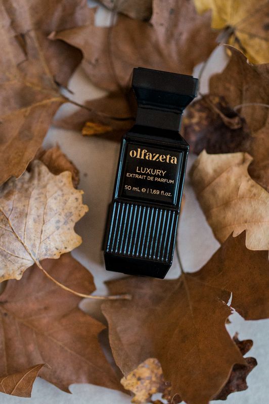 Essence Noire luxury perfume bottle on autumn leaves