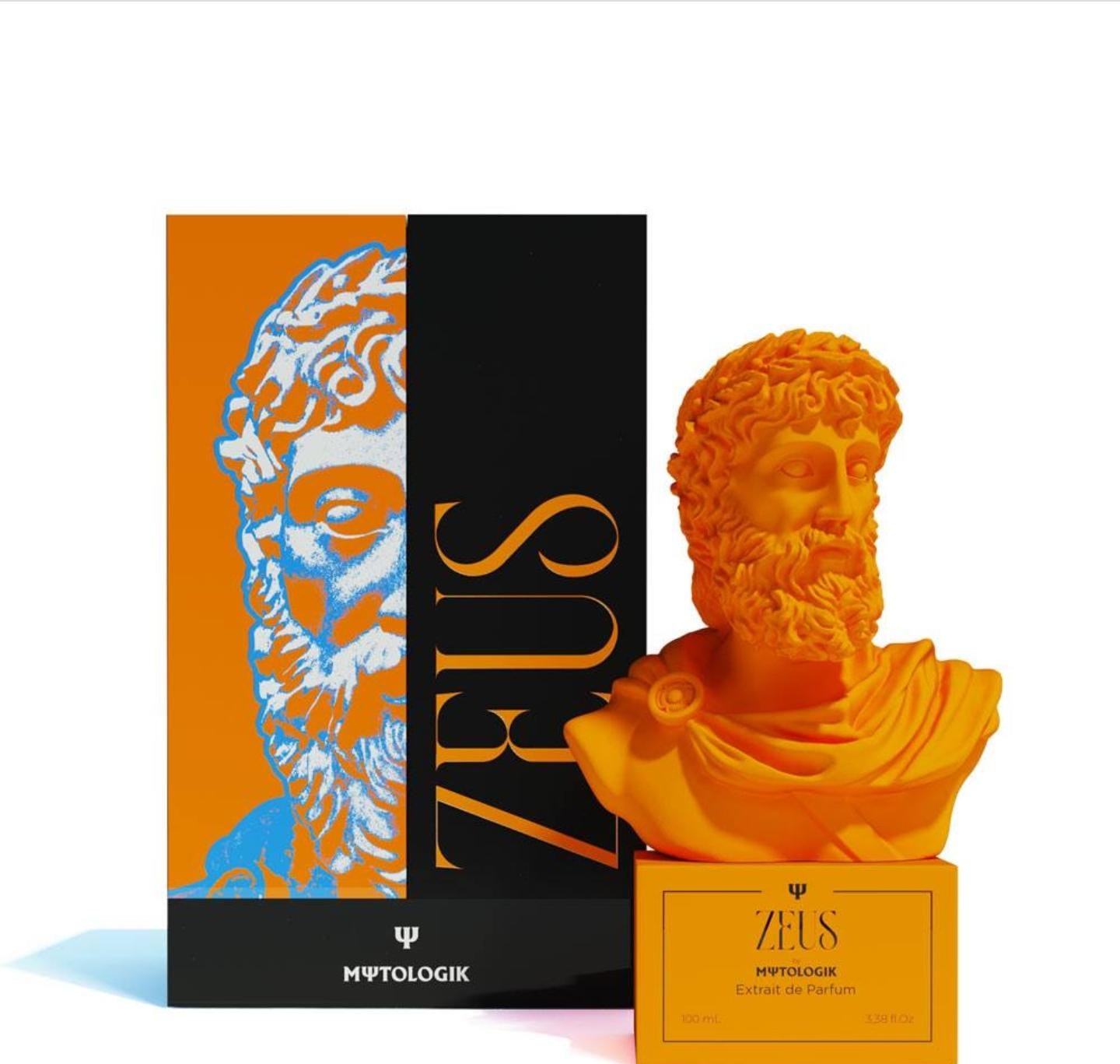 ZEUS Extrait de Parfum by MΨTOLOGIK – 100 ml with orange Zeus bust and orange packaging